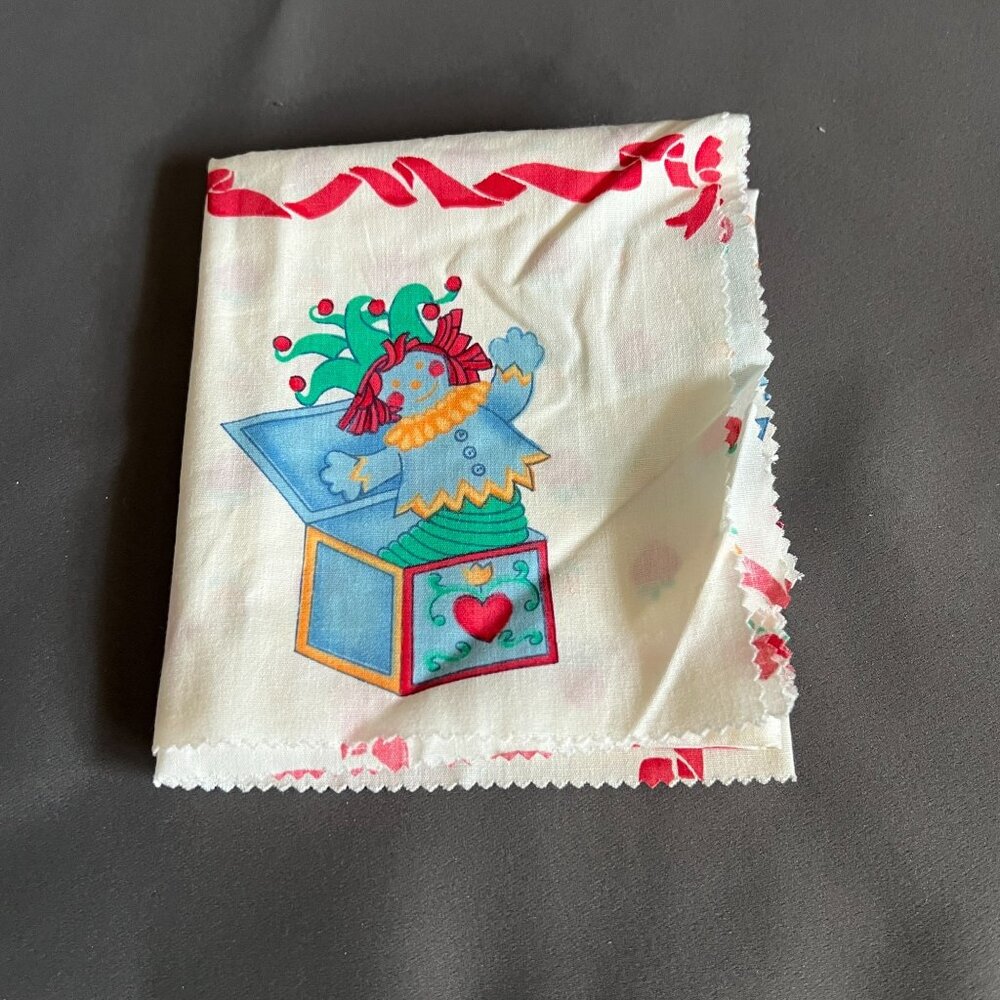 Vintage Baby-Themed Fabric Panel With Toys & Jack-In-The-Box Print Red & White B - Picture 2 of 2